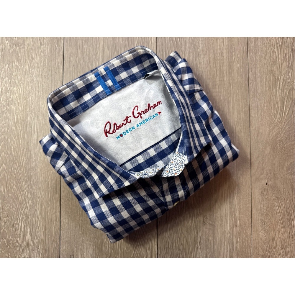 Robert Graham Mens Shirt 2XL Blue Gingham‎ Check Long Sleeve Linen XXL Tailored